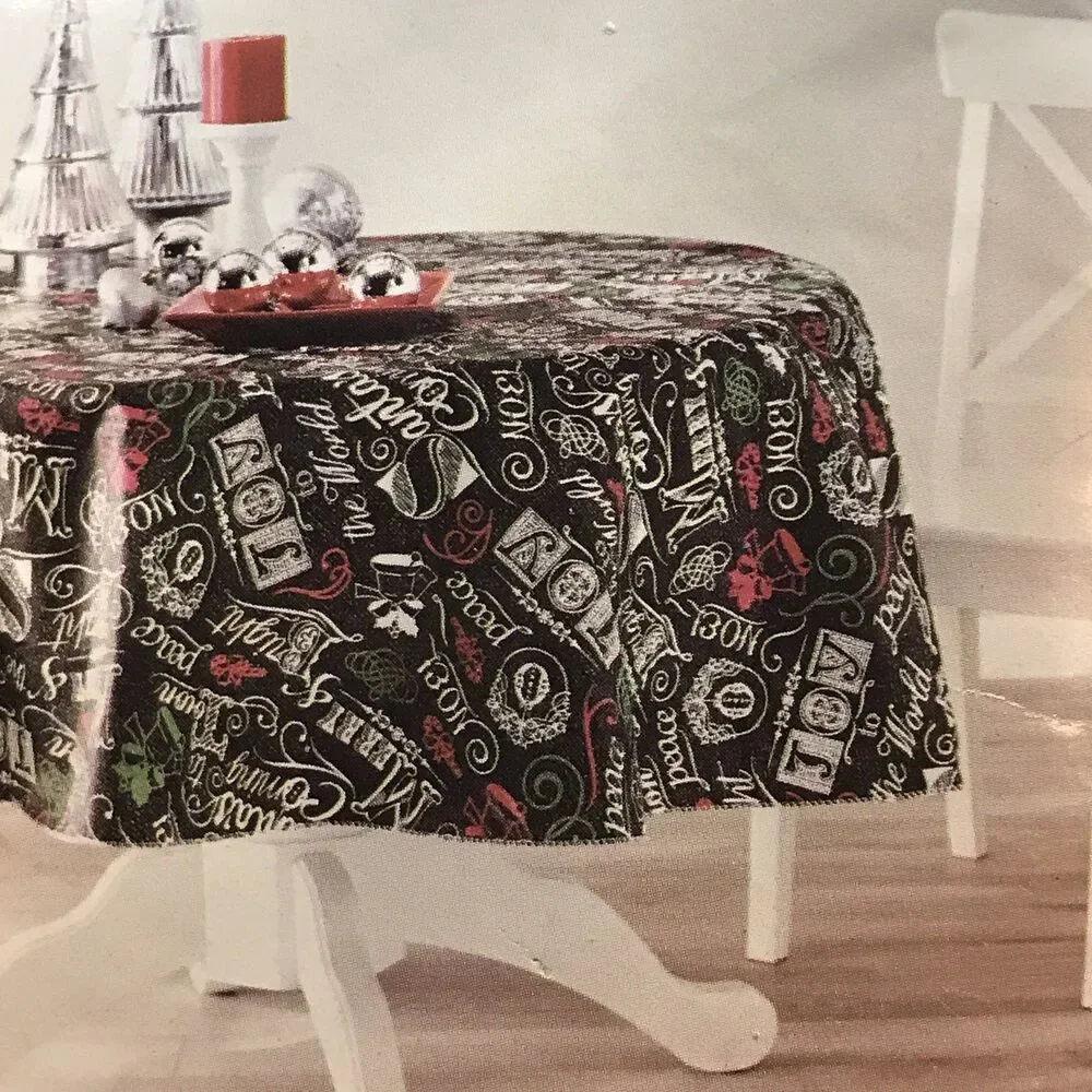 NEW Holiday Time Black Christmas Tablecloth Flannel Back Vinyl 70 inch Round